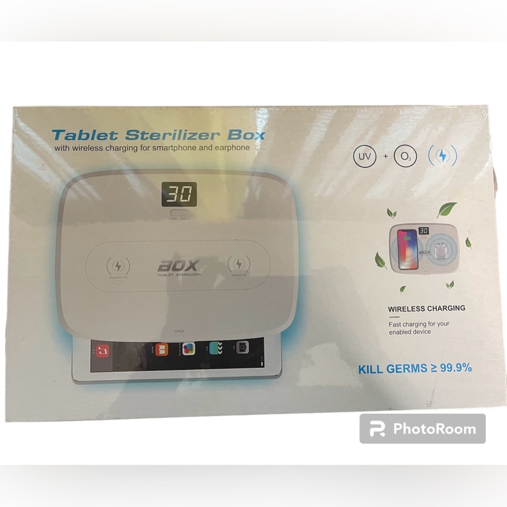 Tablet sterilizer box w/ wireless charging for smartphone and earbuds